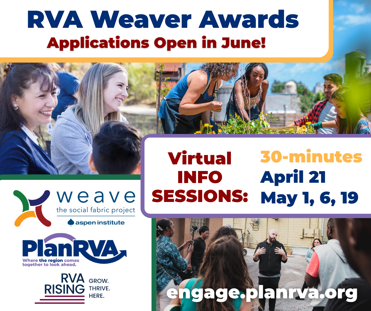 Grid of images with people in action together, text reads Info Sessions with Dates listed in text below. Logos of Weave, PlanRVA, RVA Rising