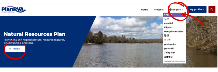 Screenshot of website with arrow pointing to follow project button and location to select translation application