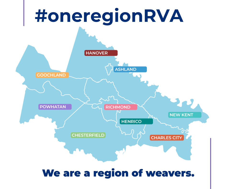 #oneregionRVA We are a region of weavers. Map of the Richmond region with each locality name shown over that territory