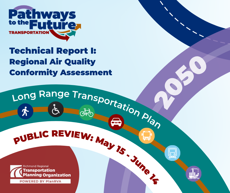 Cover Page for LRTP Technical Report. Graphic arches with circular symbols of transportation modes. Long Range Transportation Plan 2050. RRTPO logo in bottom left corner.