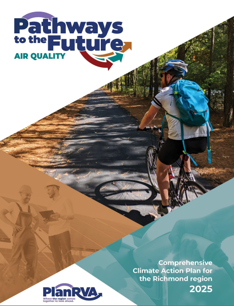 Cover the Air Quality Plan featuring images of a cyclist, solar panels, and an EV charger.