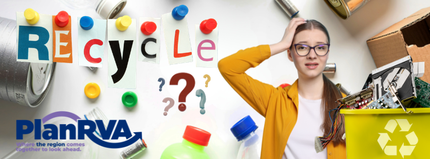 cut out paper clipping letters spelling RECYCLE with images of recyclable materials floating in background. Woman with rust colored cardigan looks confused, hand on head. 
